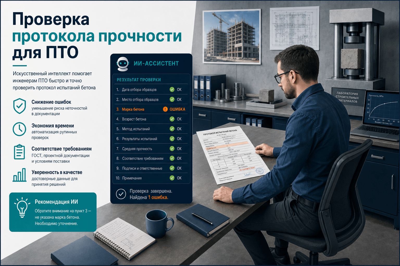 Как ИИ-агент проверяет протокол прочности бетона на ошибки для ПТО