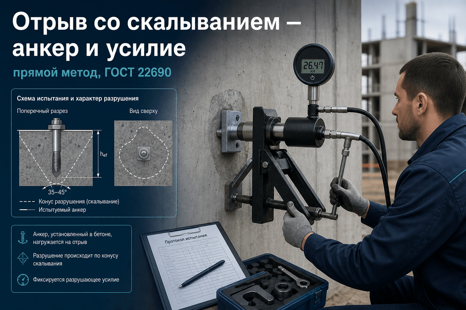 Метод отрыва со скалыванием по ГОСТ 22690: анкер, усилие, прямой метод