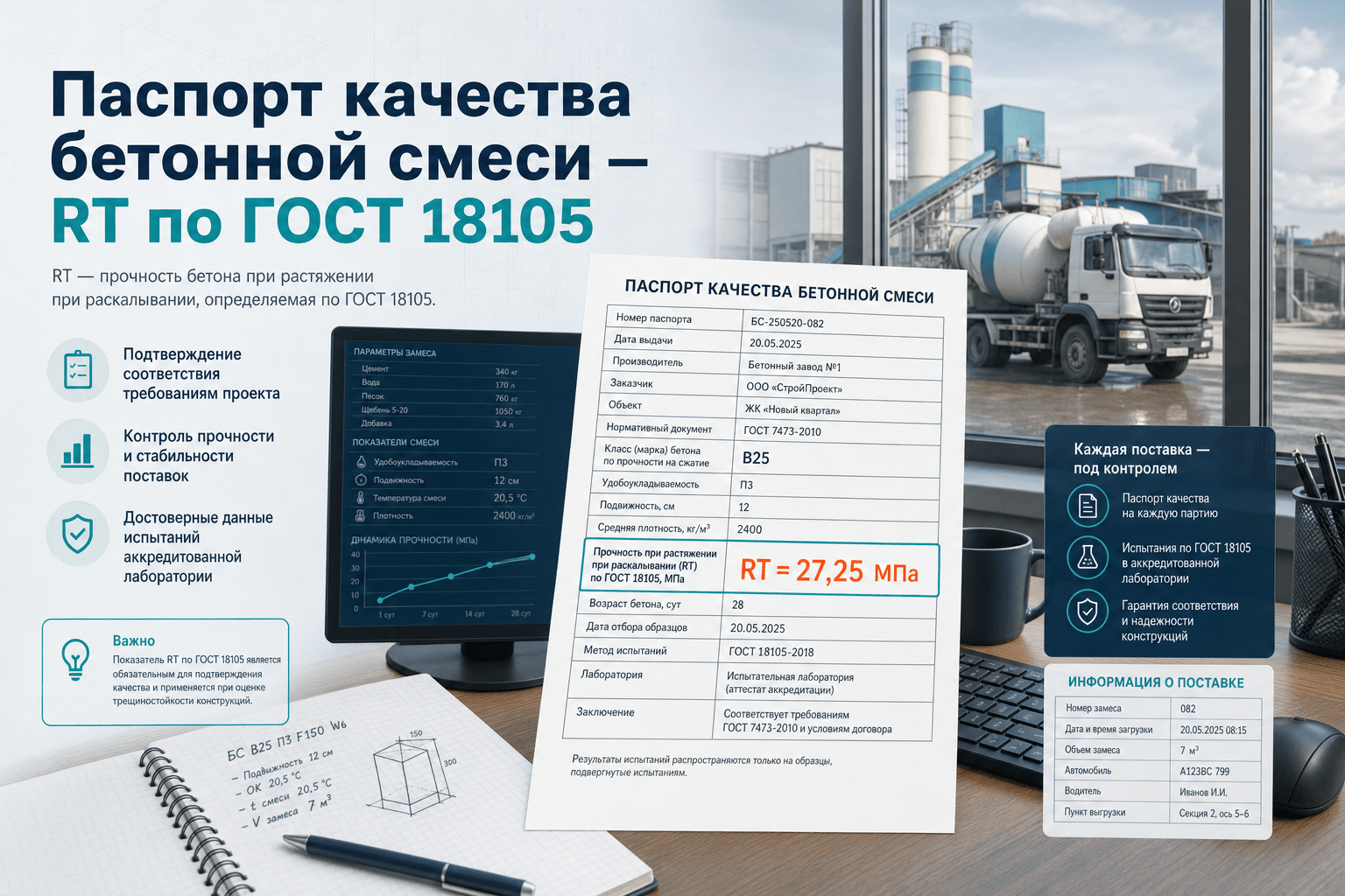 Паспорт качества бетонной смеси: RT, сроки уведомления и проверка ПТО по ГОСТ 18105