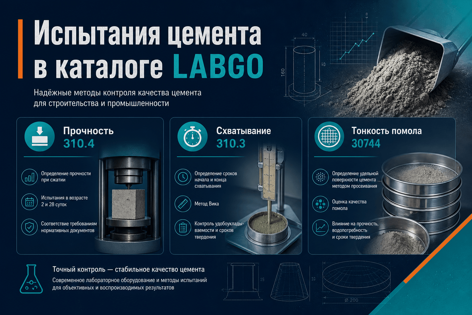 Сводка по испытаниям цемента в каталоге LABGO: данные прайсов для инженера ПТО