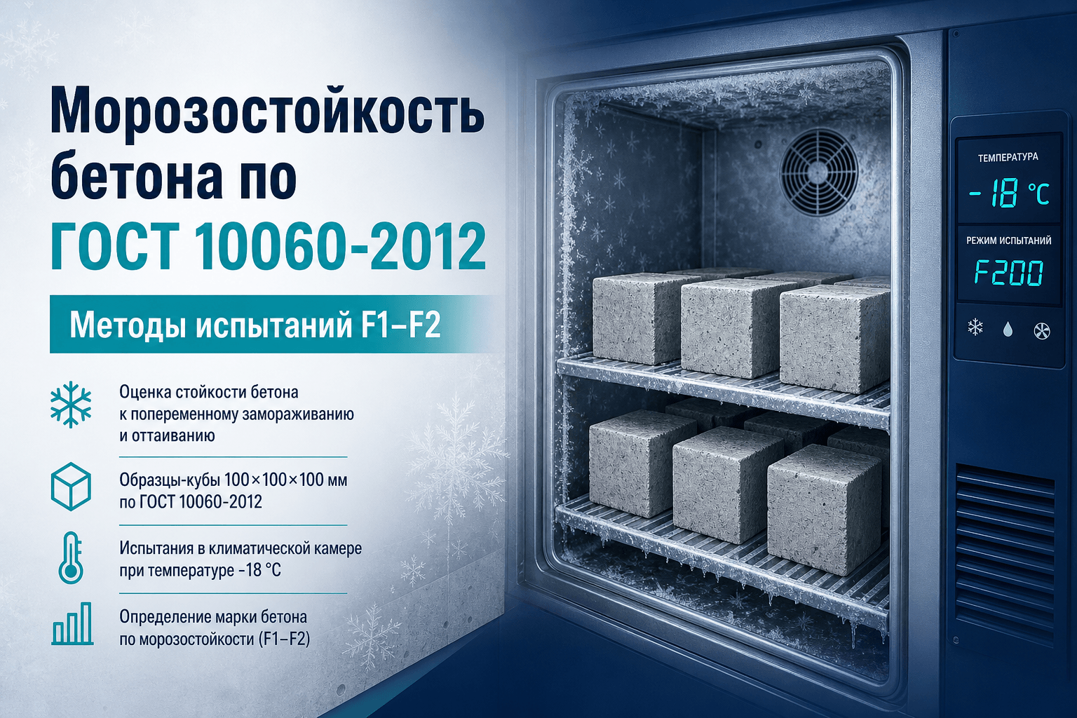Морозостойкость бетона по ГОСТ 10060-2012: методы F₁–F₂, таблицы циклов и помощь ИИ-агента