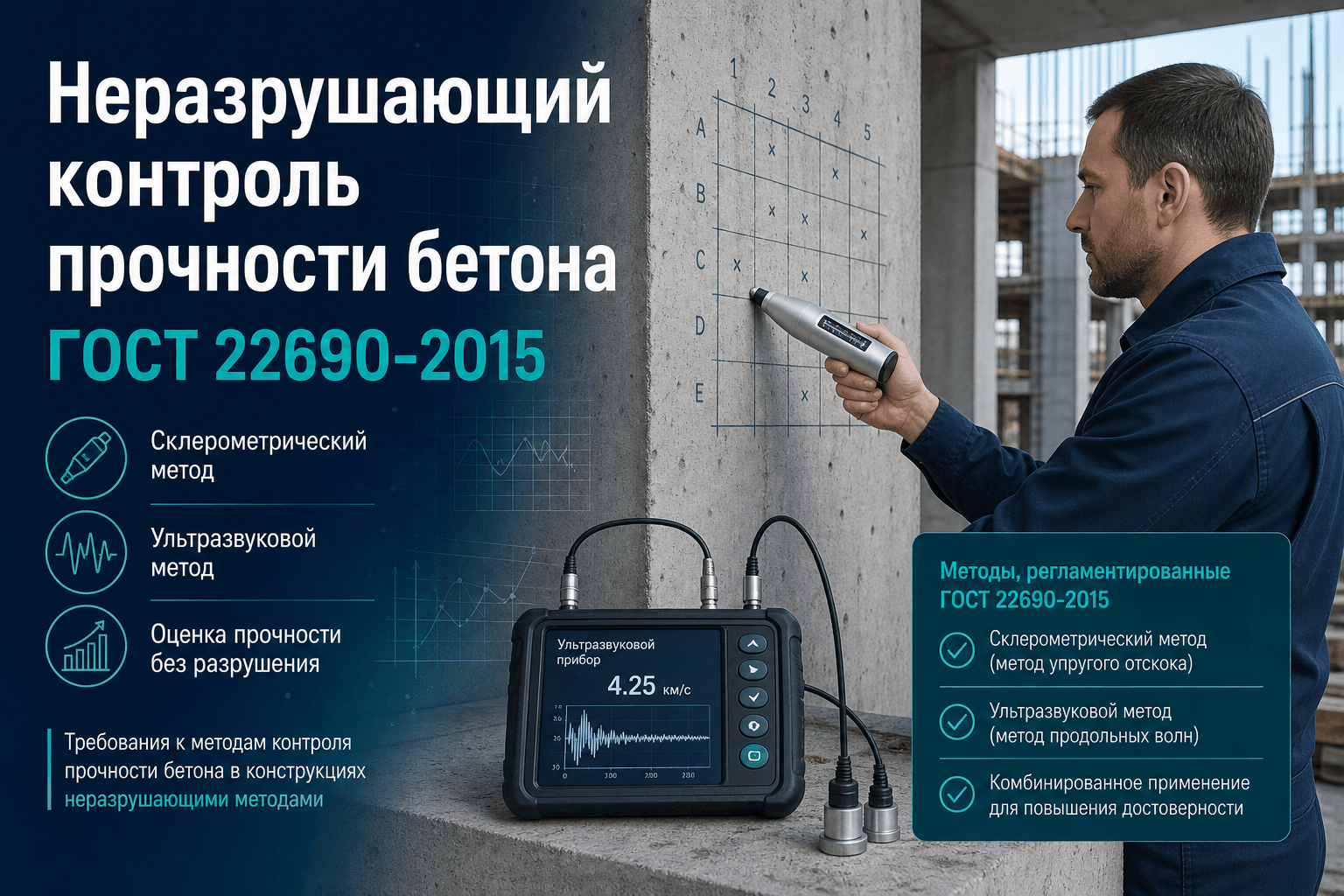 Неразрушающий контроль прочности бетона в конструкциях: практика по ГОСТ 22690-2015