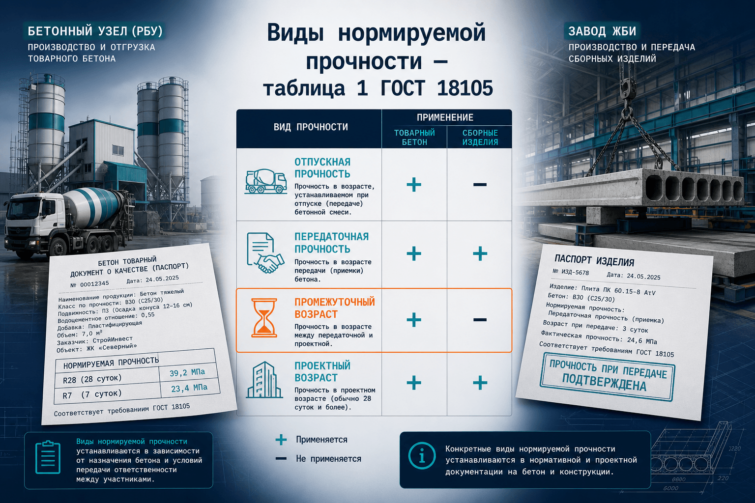 Виды нормируемой прочности бетона: таблица 1 ГОСТ 18105 для РБУ и лаборатории